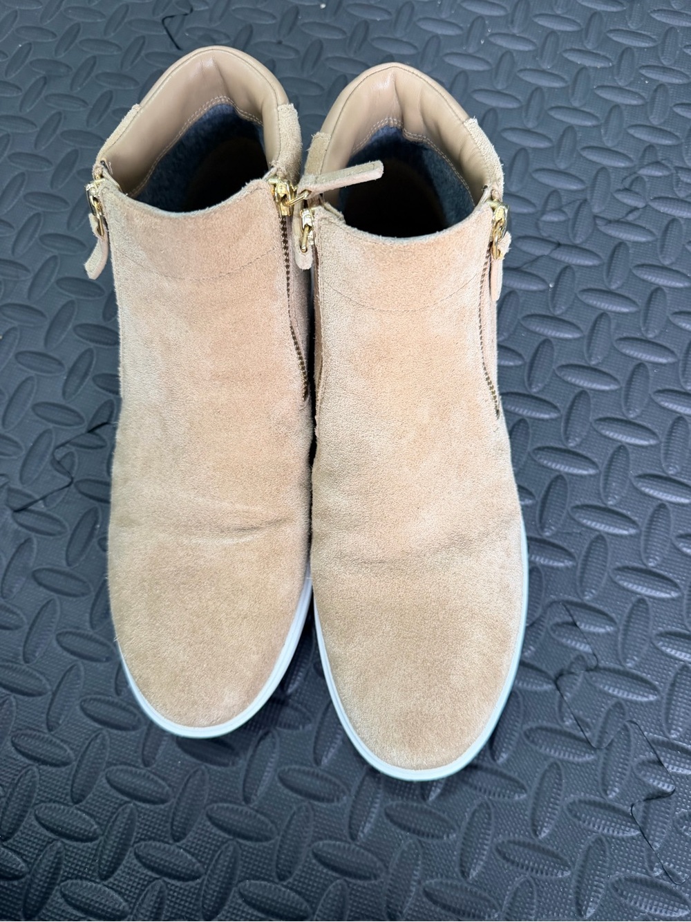 Cole Haan Tan Suede Ankle Booties/mid sneaker with Gold Zipper on each side
